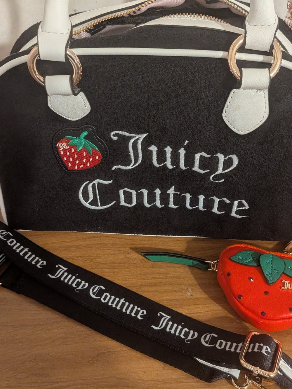 Juicy Couture Black & White Strawberry Accent Satchel